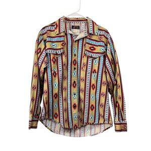 Vintage 90s Ruddock Bros Size Large Cape Yoke Shirt Aztec Western Tan Turquoise